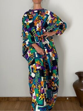 Vintage Japanese Smock Teal Purple Floral Geometric Maxi Dress